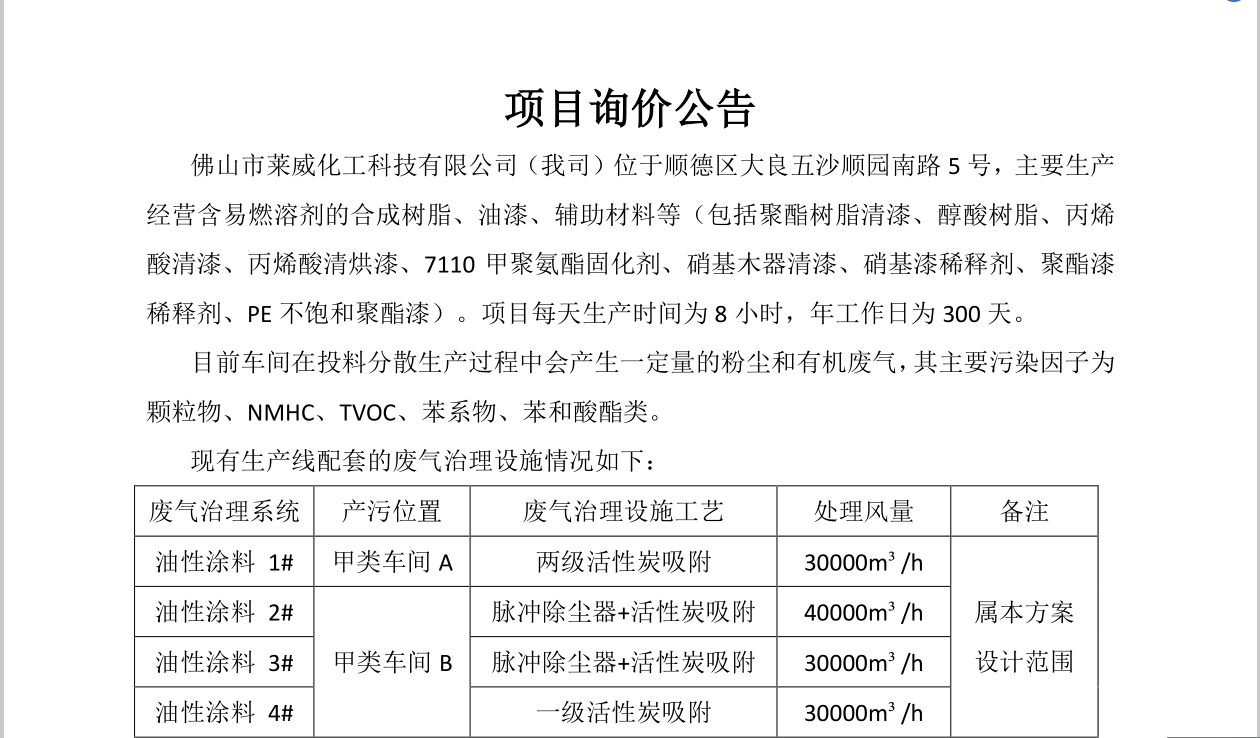 佛山市萊威化工科技有限公司VOCs廢氣處理項目招標公告